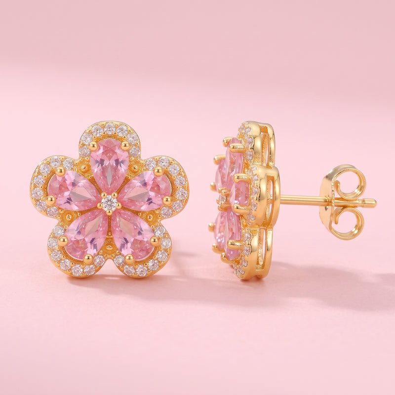 Fleur Gold Crystal Flower Stud Earrings - 316L Stainless Steel Floral Earrings