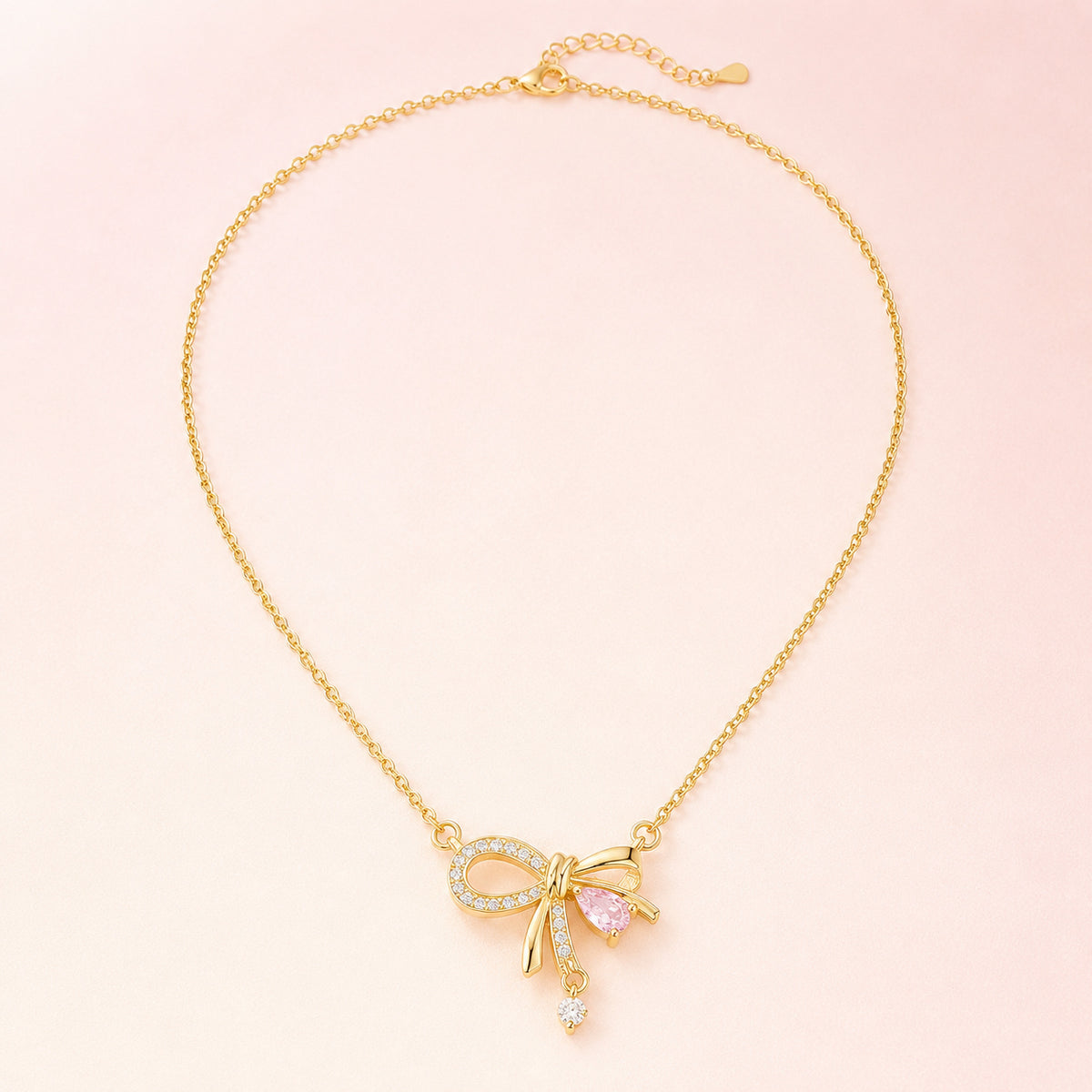 Juliette Gold Bow Necklace – Pink Crystal Ribbon Pendant Necklace