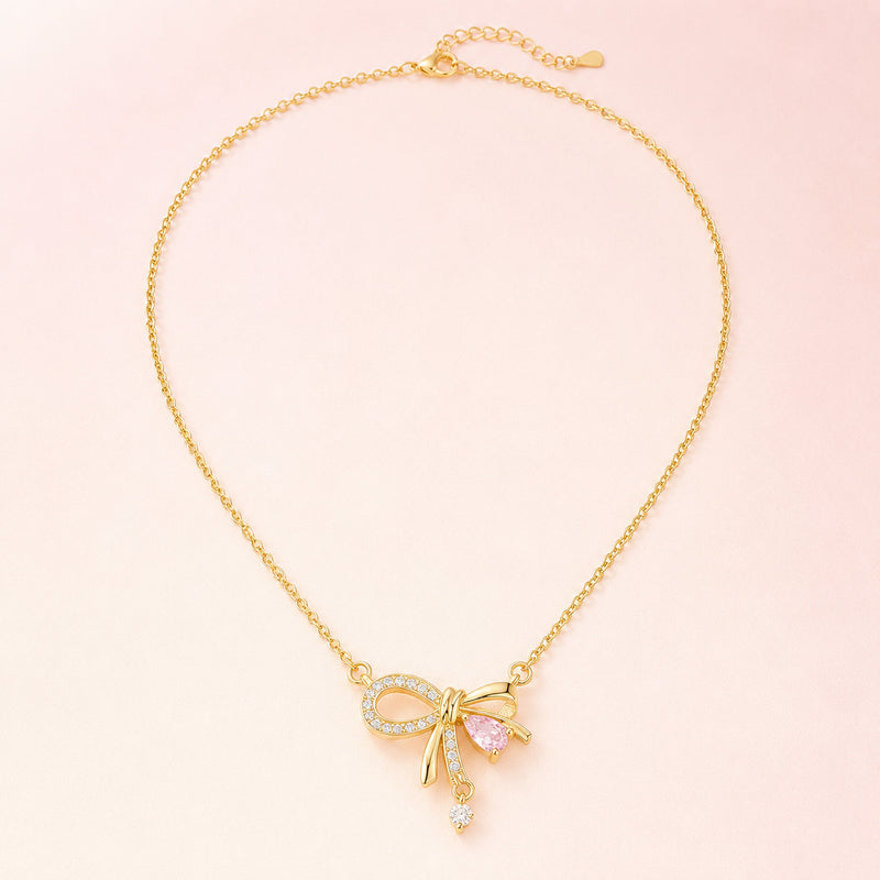 Juliette Gold Bow Necklace – Pink Crystal Ribbon Pendant Necklace