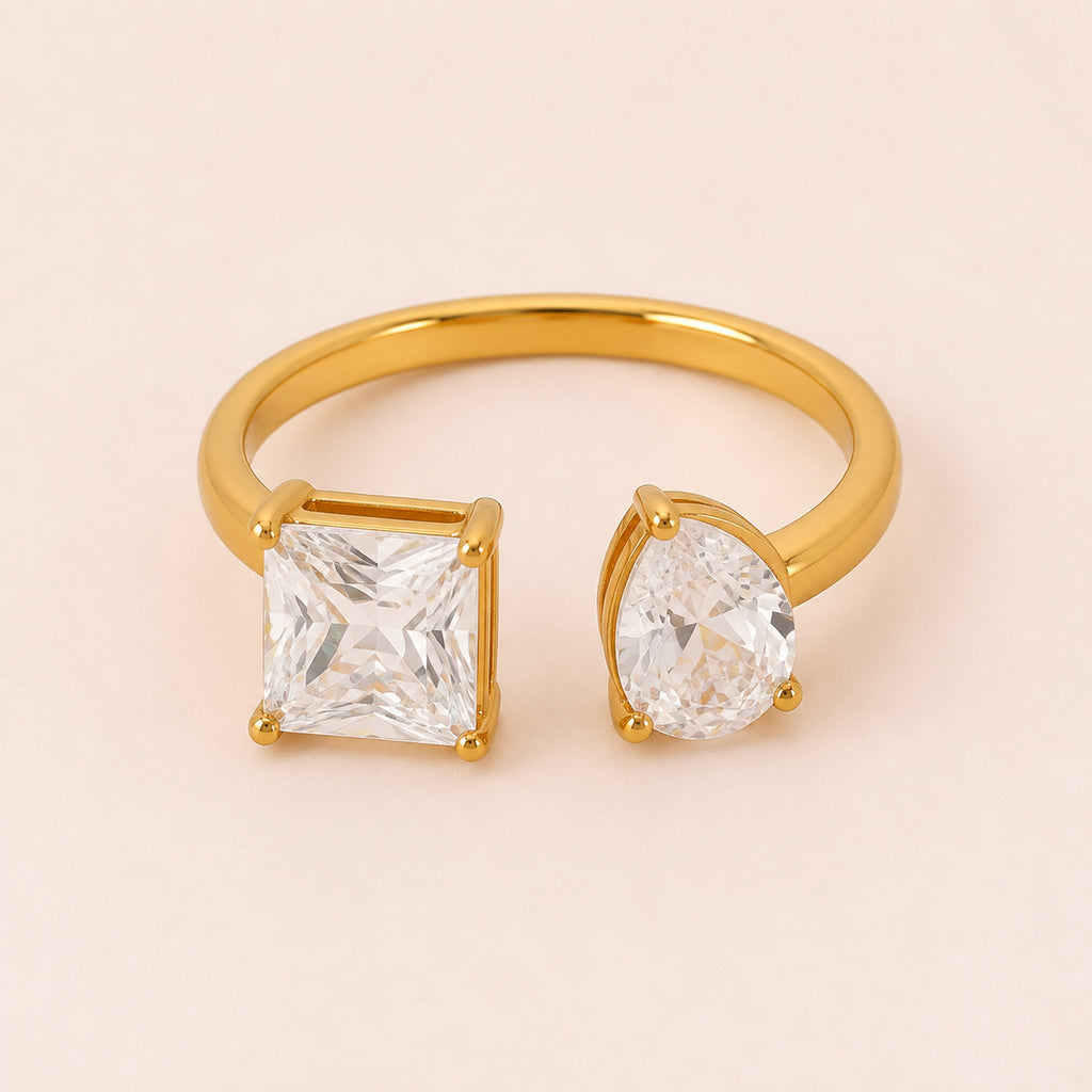 Gemma Gold Two-Stone Crystal Ring – Open Adjustable Ring