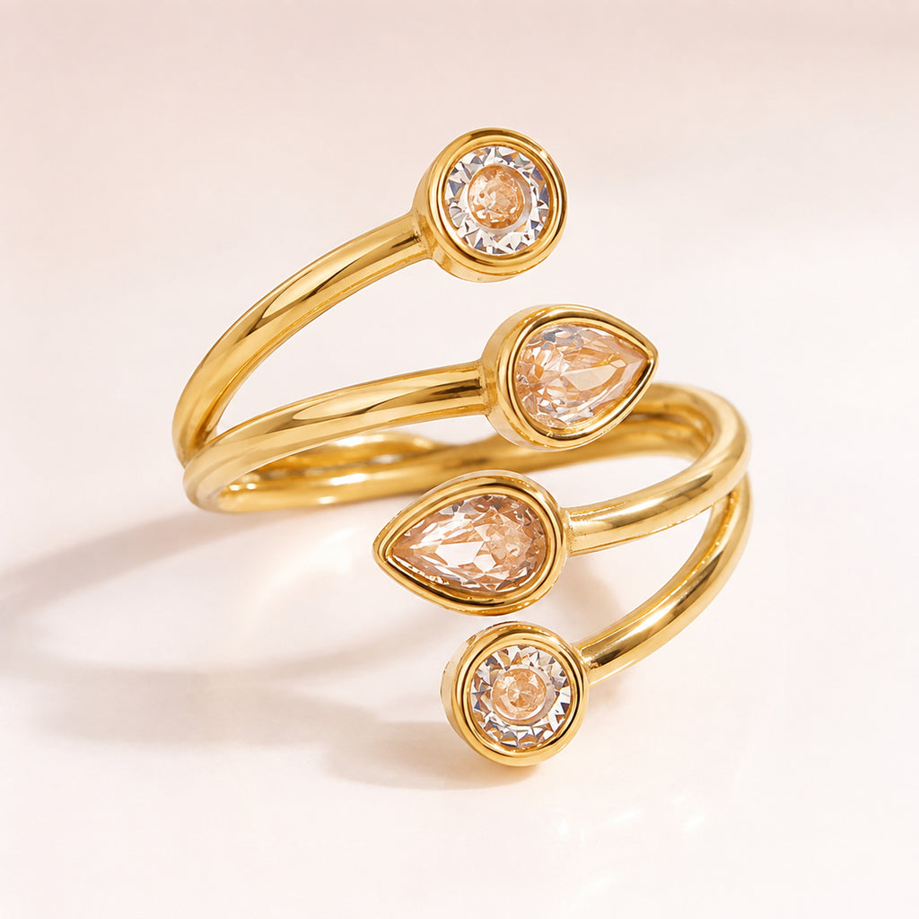Nerissa Gold Adjustable Crystal Wrap Ring – Teardrop Multi-Stone