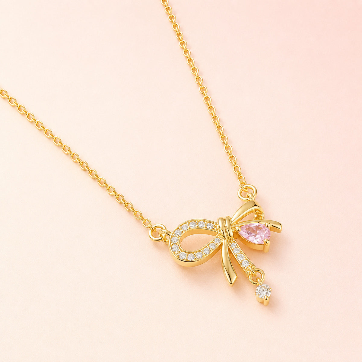 Juliette Gold Bow Necklace – Pink Crystal Ribbon Pendant Necklace