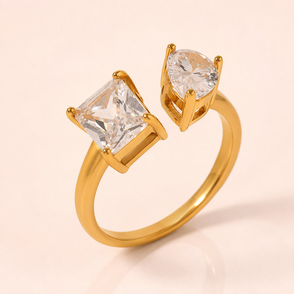 Gemma Gold Two-Stone Crystal Ring – Open Adjustable Ring