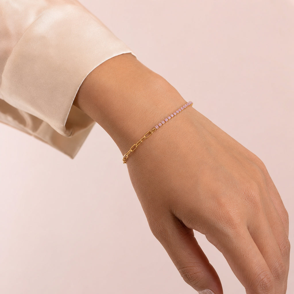 Pulsera de tenis de oro Rosé Link – Pulsera de cadena con cristales rosas