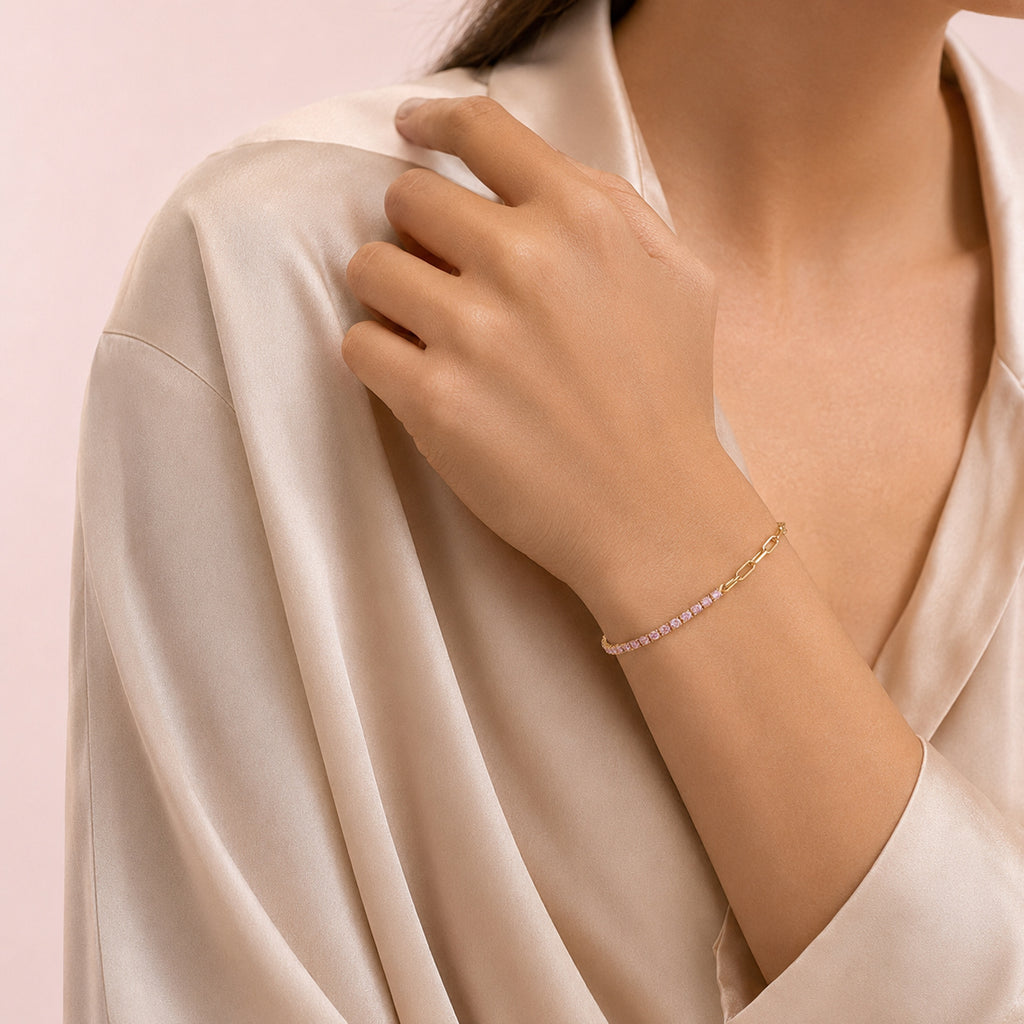 Pulsera de tenis de oro Rosé Link – Pulsera de cadena con cristales rosas