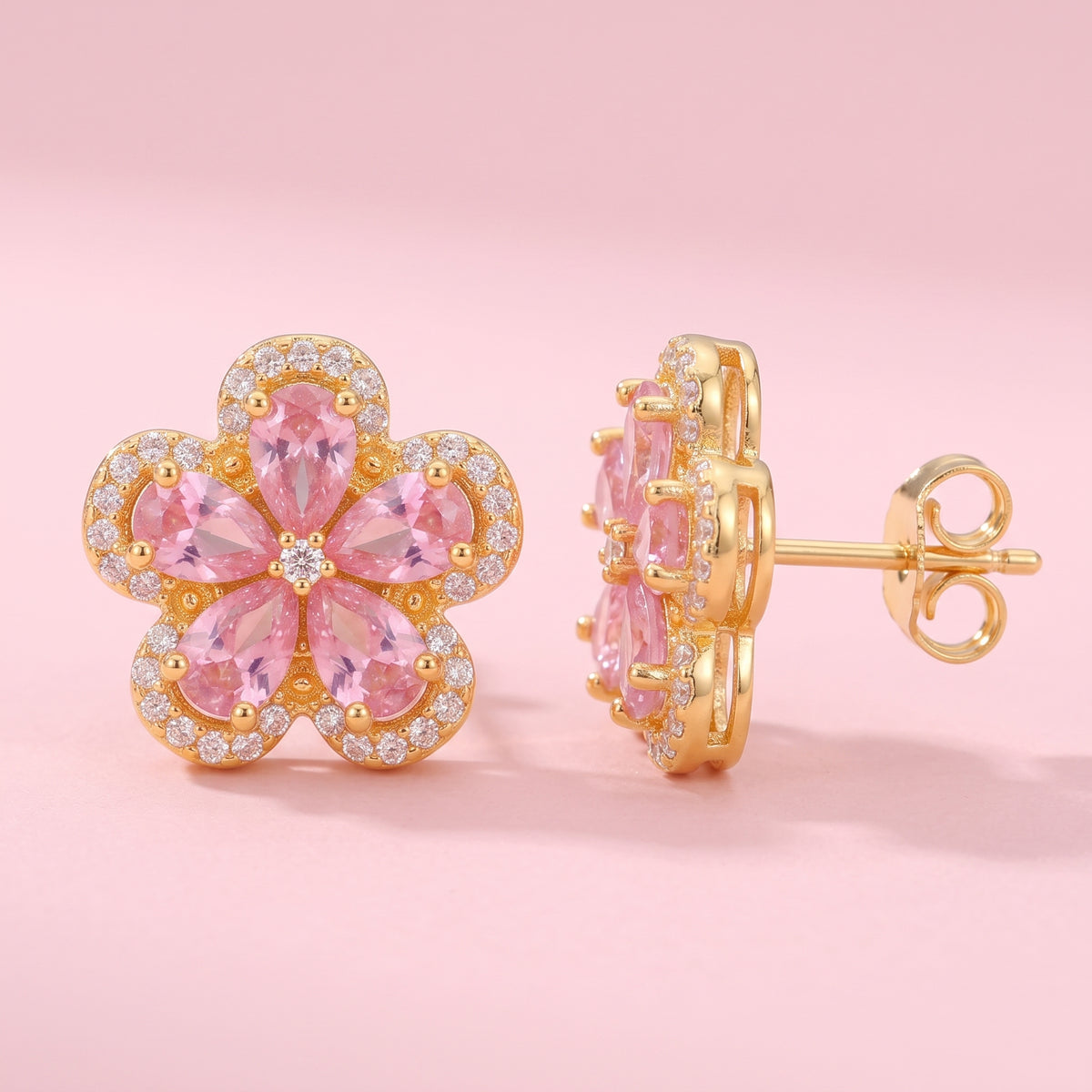 Fleur Gold Crystal Flower Stud Earrings - 316L Stainless Steel Floral Earrings