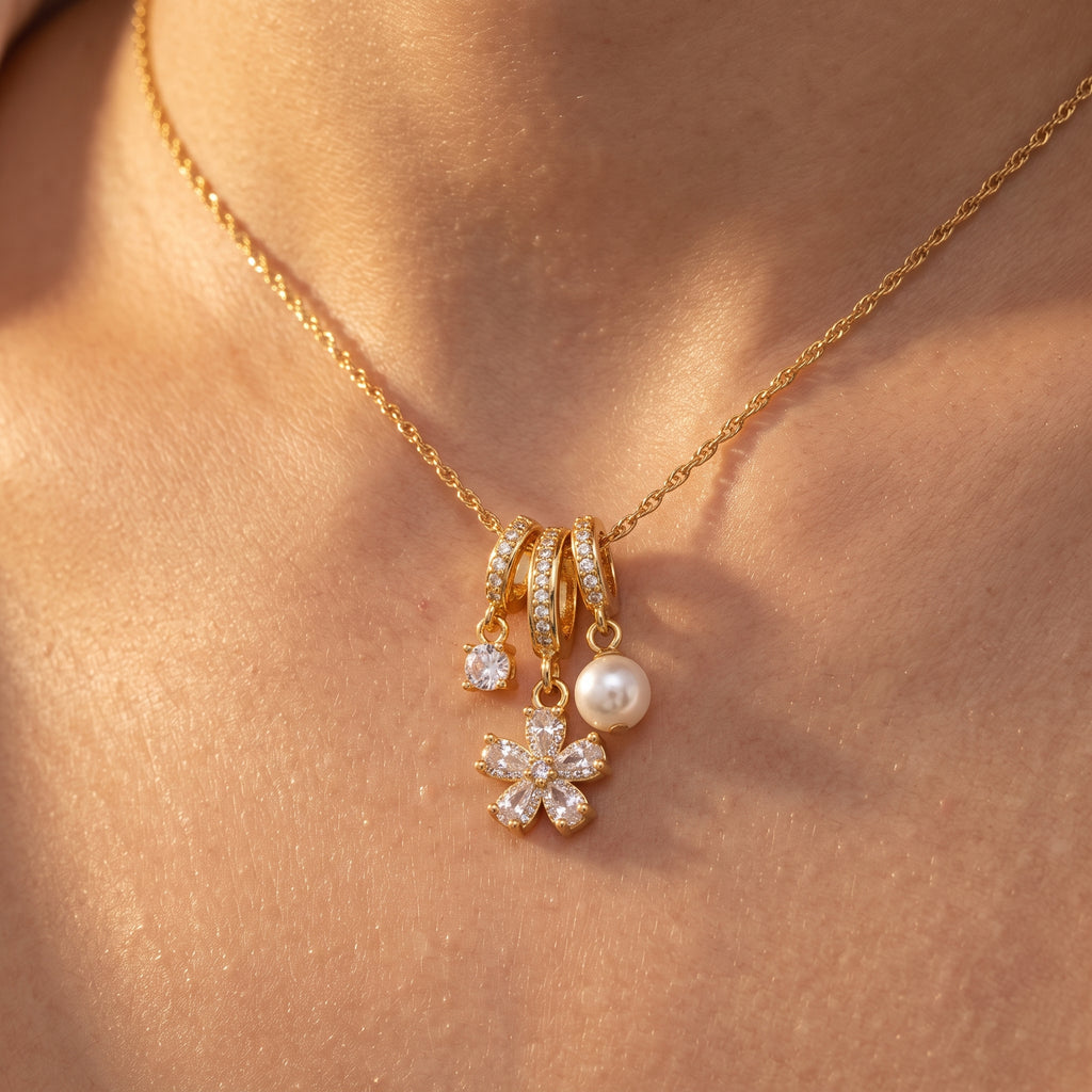 Fleur Gold Crystal Flower Necklace - 316L Stainless Steel Floral Pendant Necklace