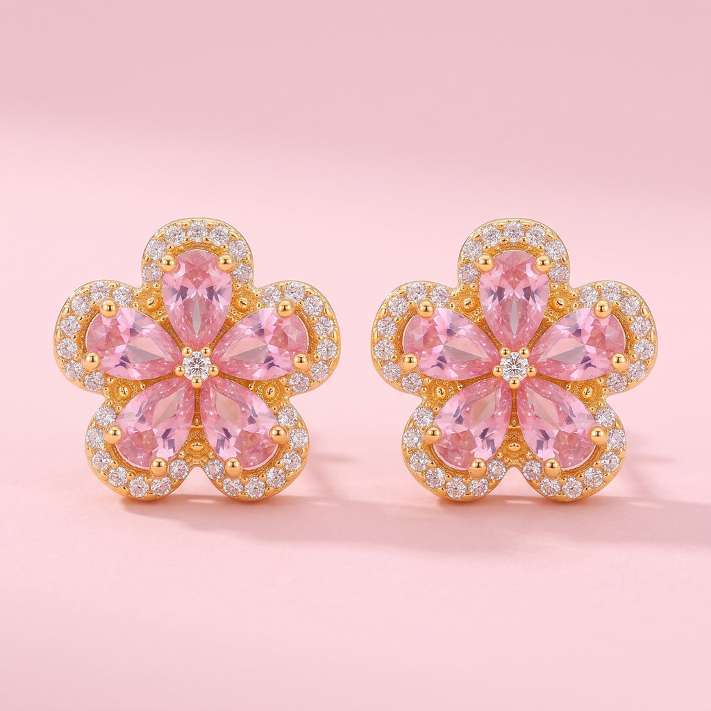 Fleur Gold Crystal Flower Stud Earrings - 316L Stainless Steel Floral Earrings