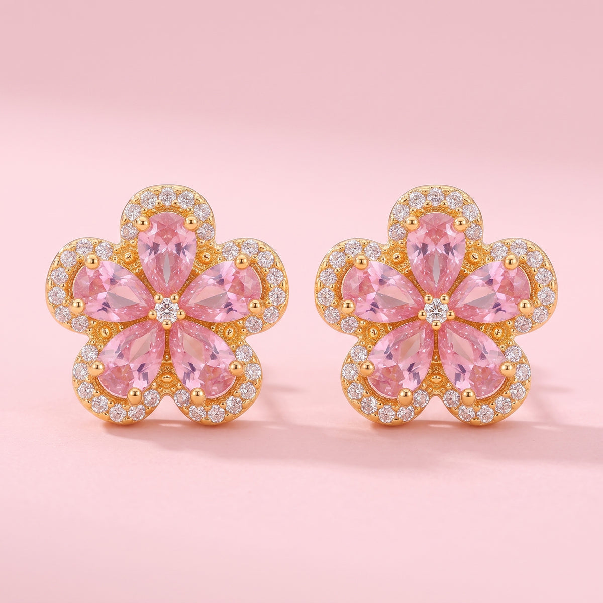Fleur Gold Crystal Flower Stud Earrings - 316L Stainless Steel Floral Earrings