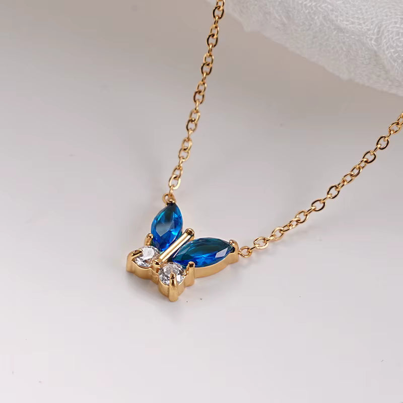 Mariposa Blue Crystal Butterfly Necklace - 316L Stainless Steel Pendant Necklace
