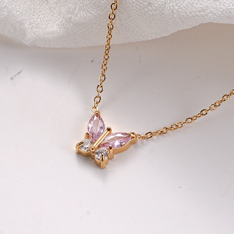 Mariposa Pink Crystal Butterfly Necklace - 316L Stainless Steel Pendant Necklace